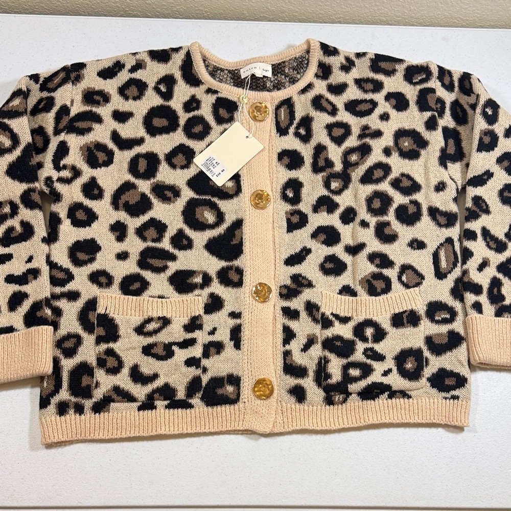 entro Leopard Print Knit Cardigan Jacket - Beige & Black